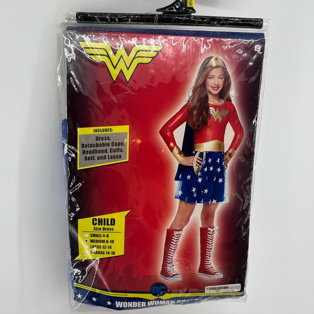 NIB Wonder Woman Dress & Accessories Halloween Dress Up Child Size Medium 8-10